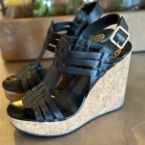 Tory Birch Leslie Cork Sandals in Black, Size 8